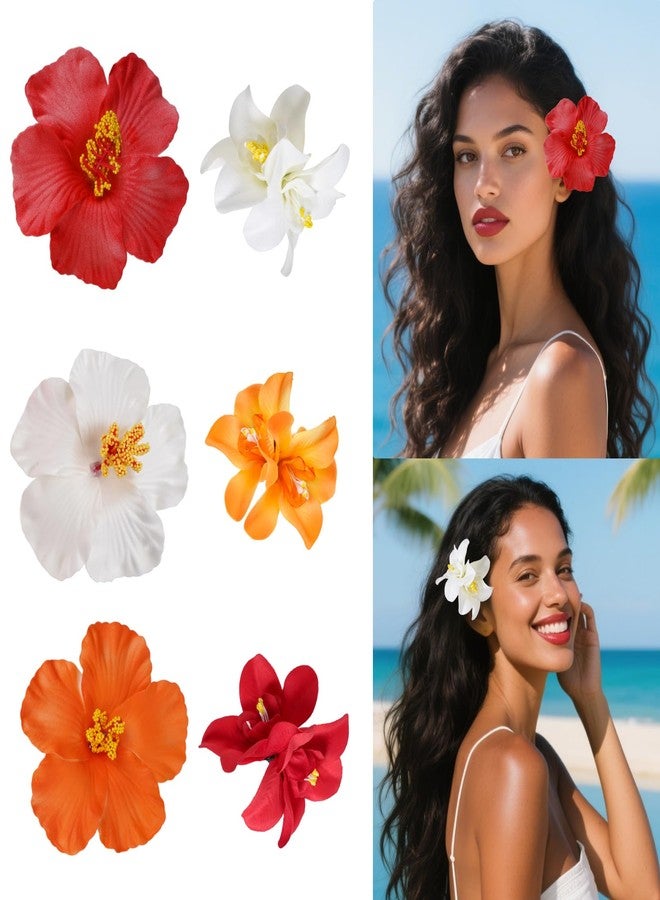 yeabwps 6 Pcs Hawaiian Flower Hair Clips for Women, Plumeria Hibiscus Hair Clip Artificial Flower Clips 3.5 Inch Floral Hair Barrettes for Summer Vacation Beach Party Girls Holiday Gifts (White, Red, Orange) - Image 1